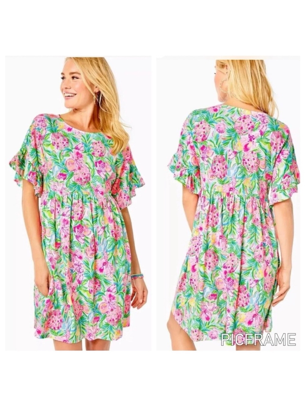 Lilly Pulitzer Pink and Green Floral Flutter-Sleeve Shift Dress